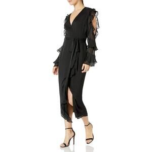 Bardot Women's Black Vertical Stripes Ruffle Long‎ Sleeve Wrap Dress Size US 8
